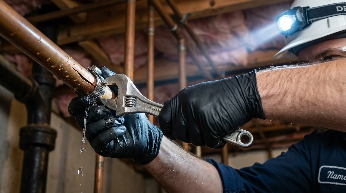 Emergency pipe clamp repair being performed by a Johns Plumbing LLC plumber in Stoughton