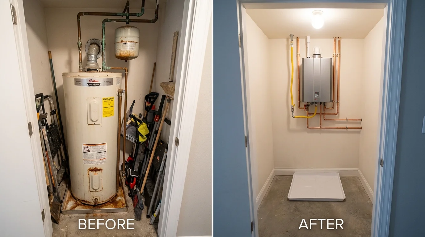 Tank water heater versus wall-mounted tankless unit comparison for Stoughton, WI homeowners