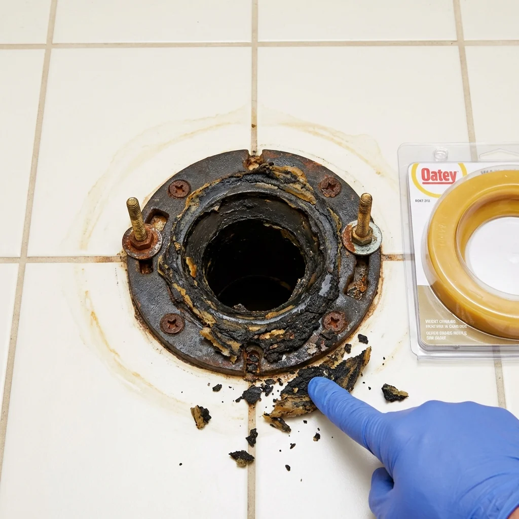 Failed wax ring showing water seepage at the base of a toilet in a Stoughton, WI home