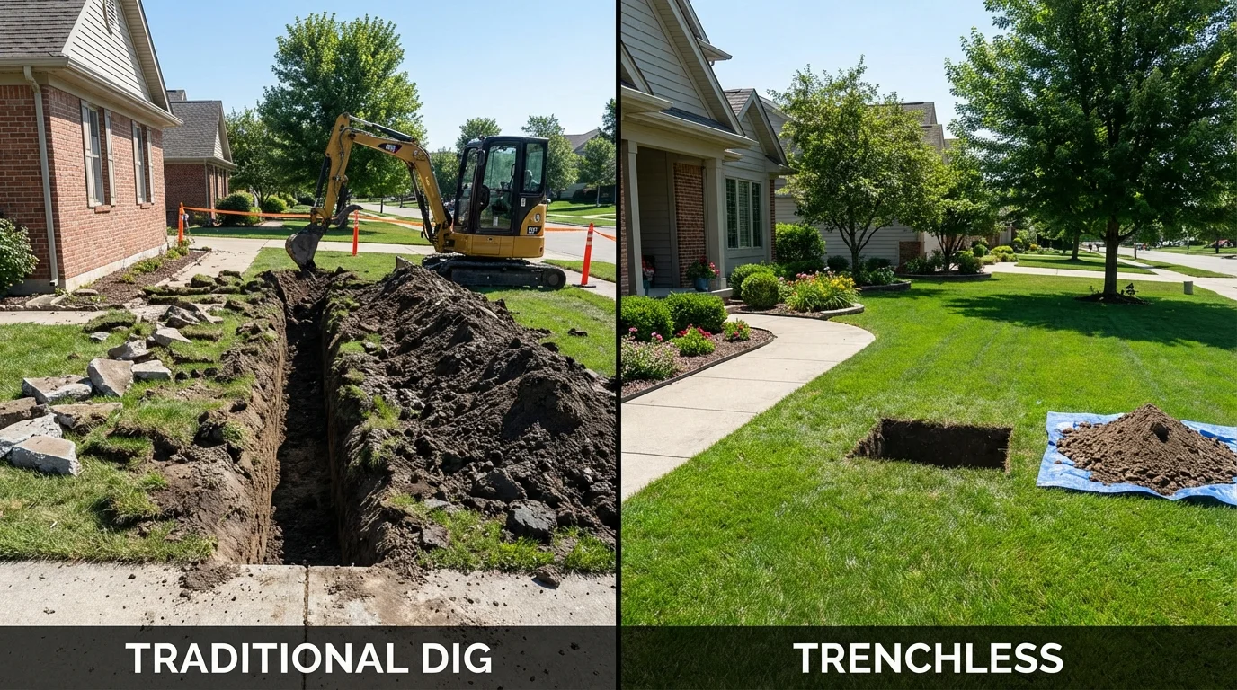 Trenchless sewer repair with minimal yard damage versus traditional excavation in Stoughton, WI