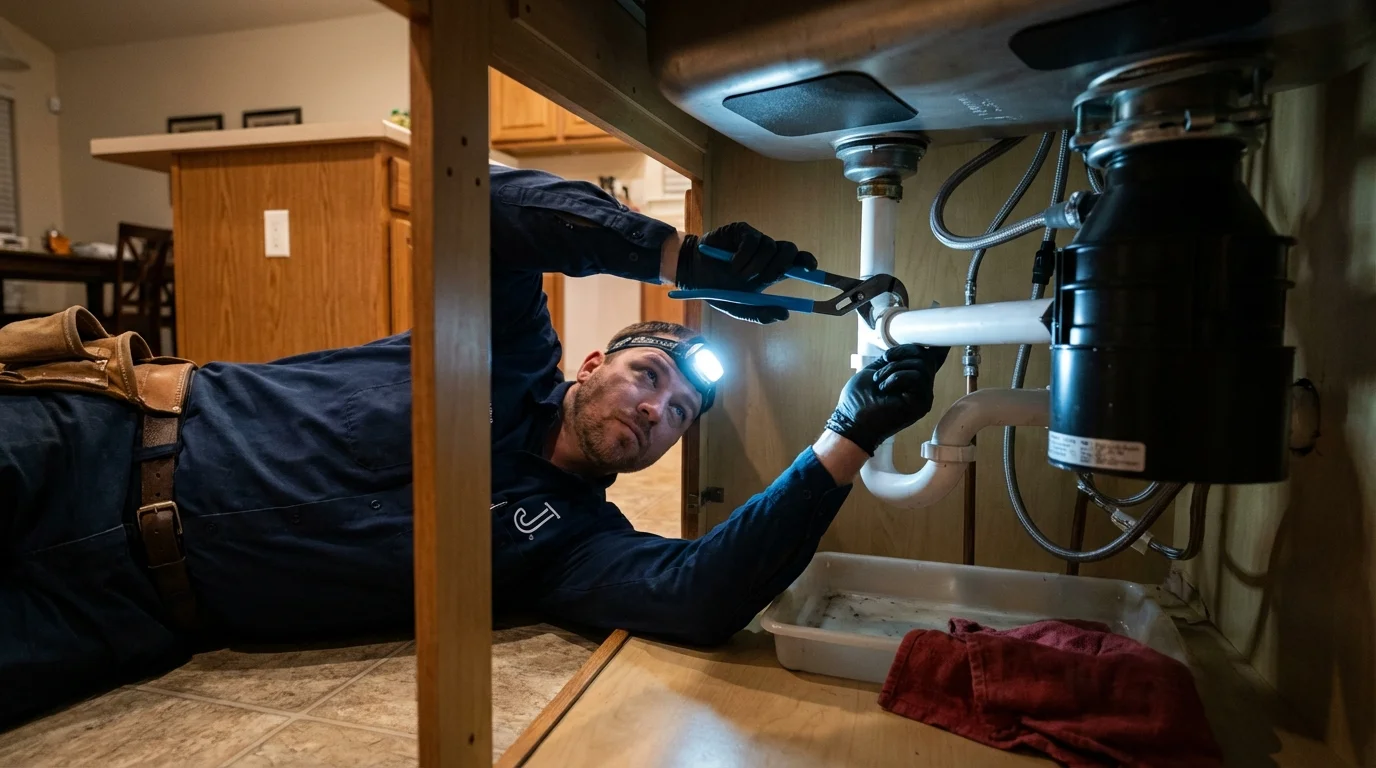 P-trap and supply line connections under a kitchen sink showing a common leak point in Stoughton, WI